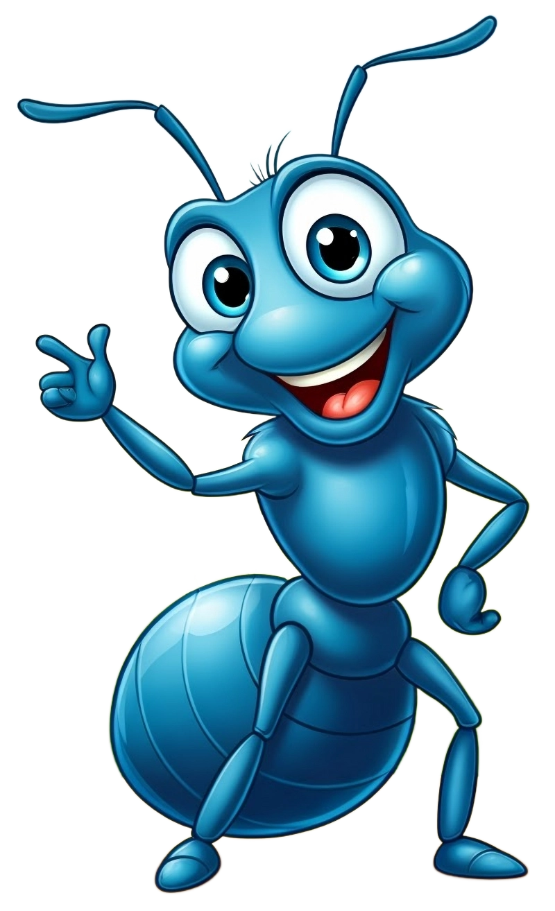 A blue smiling cartoon ant